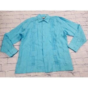 BOHIO MENS XL 100% Linen Aqua Blue Long Sleeve Button Shirt Guayabera 4 Pocket